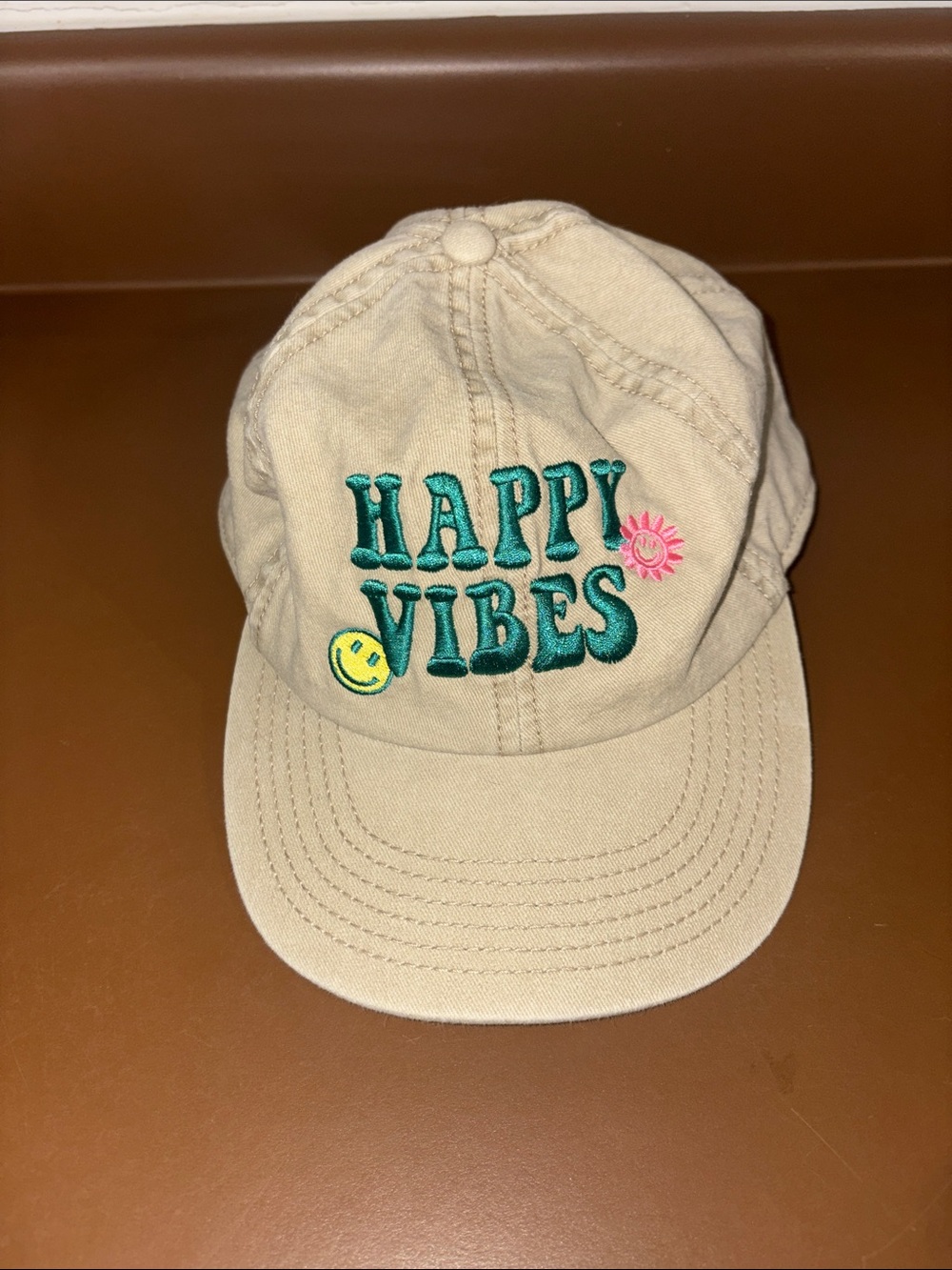 Happy Vibes Embroidered Khaki Baseball Cap